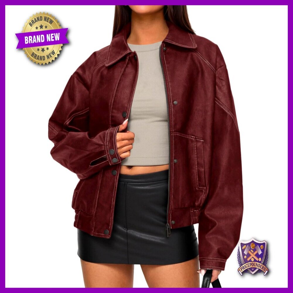 Faux Leather Bomber Jacket Oversized Moto Biker Style Winter Coat
